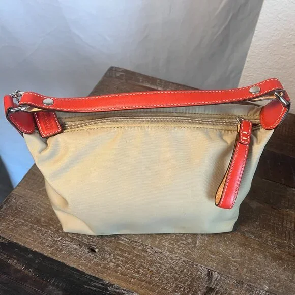 Vintage Coach Hampton Khaki Nylon & Red Orange Leather Mini Bag - Picture 4 of 7